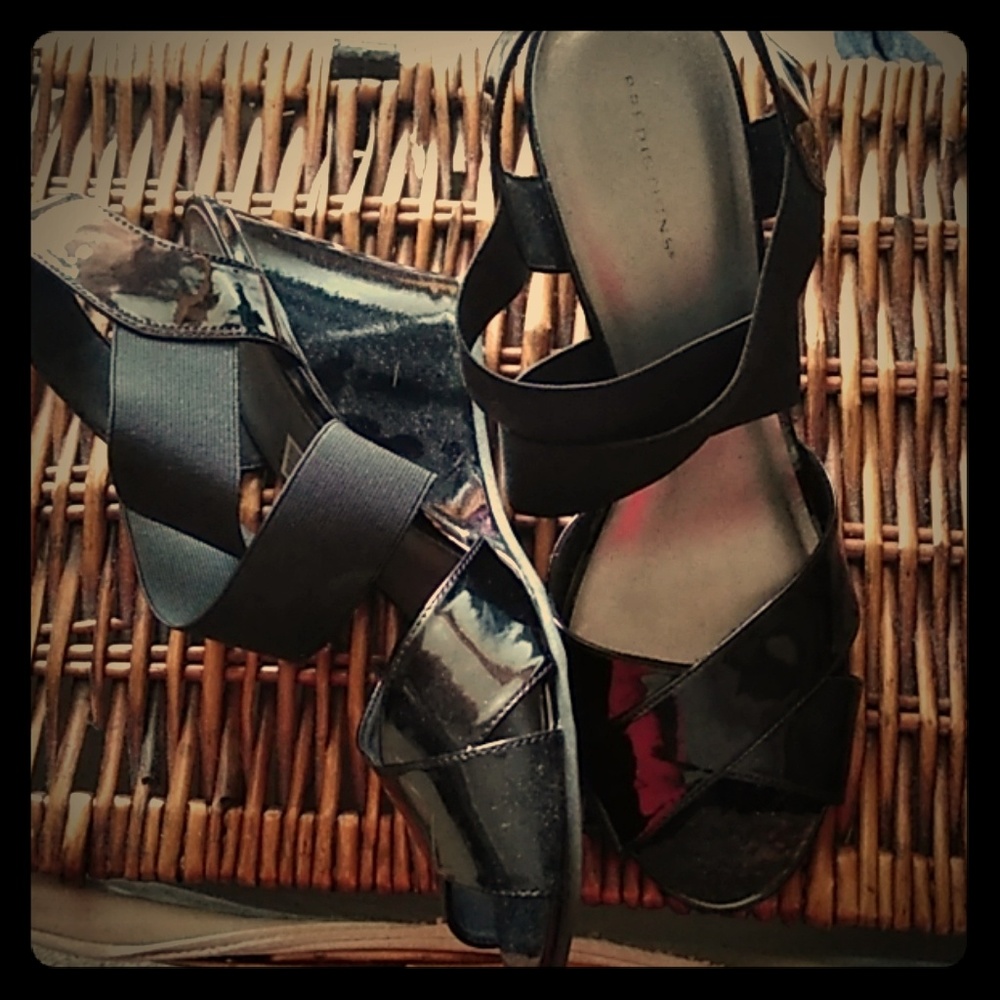 Patten leather wedges